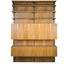 a wooden bookcase with three shelves on each side