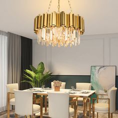 a dining room table with chairs and a chandelier hanging from the ceiling above it