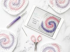 crocheted coasters and scissors on a marble surface with the text, free crochet pattern