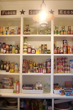 an organized pantry with lots of food and condiments on the shelves in it