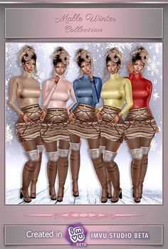 four women in stockings and boots are posing for a christmas card with snowflakes behind them