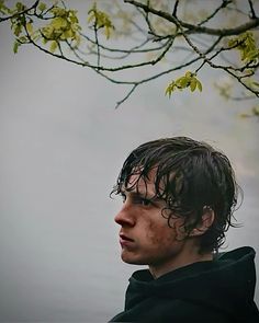 a man standing under a tree with water in the back ground and green leaves on it