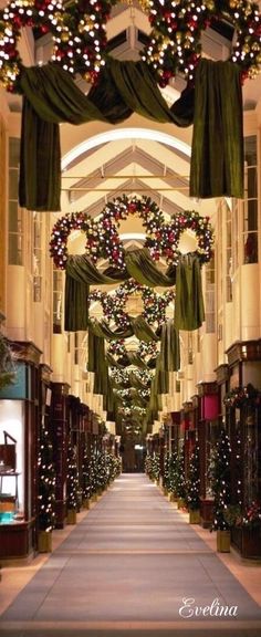 the hallway is decorated for christmas with garlands and lights hanging from it's ceiling