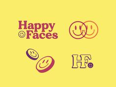 four happy faces are shown in different styles and colors, with the words happy faces above them