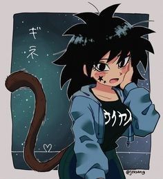 an anime character with black hair and a cat tail