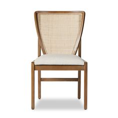 an upholstered wooden chair with beige fabric on the back and seat, against a white background