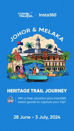 an advertisement for the heritage trail journey with people on a boat and buildings in the background