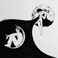 a black and white drawing of a woman sitting on the moon