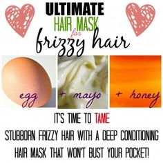 Natural Homemade Hair Mask for Frizzy Hair with Egg, Mayo & Honey! Hair Mask For Frizzy Hair, Mask For Frizzy Hair, Egg Mayo, Honey Hair Mask, Deep Conditioning Hair Mask, Homemade Hair Mask, Conditioning Hair Mask, Diy Hair Masks, Homemade Hair