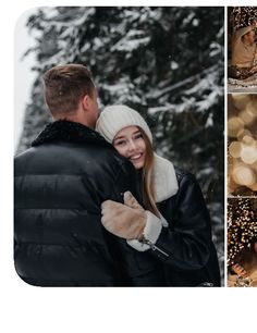 a man and woman standing in the snow with their arms around each other