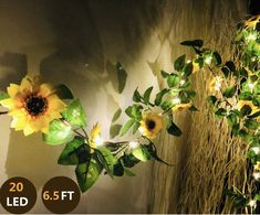 two sunflowers are lit up on the wall with string lights in front of them