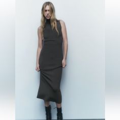 Long Knit Dress Anthracite Gray Zara Long Dress, Long Knit Dress, Knit Polo Dress, Belted Wrap Dress, Knit Tank Dress, Long Knitted Dress, Midi Pencil Dress, Boat Neck Dress, Mock Neck Dress