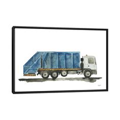 a watercolor painting of a dump truck in blue and white with gold rims