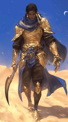 a man dressed in gold and blue walking through the desert