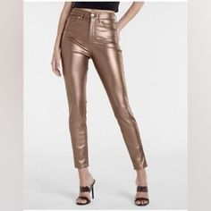 Nwt Express High Waisted Metallic Faux Leather Skinny Pant | Size 10r Elevate Your Wardrobe With These Stunning Nwt Express High Waisted Metallic Faux Leather Skinny Pants In Size 10r. Perfect For Any Occasion, These Pants Feature A Solid Pattern And Zip Closure. The Brown Color And Metal Theme Make Them Unique, While The Faux Leather Material Adds A Touch Of Luxury. Designed For Women, These Pants Are Versatile Enough To Be Worn For Party/Cocktail, Casual, Workwear, Or Business Events. The Skin Sleek Fitted Metallic Bottoms, Glamorous High Rise Bottoms For Night Out, Metallic High Rise Fitted Bottoms, Fitted High Rise Metallic Bottoms, Chic Metallic Leather Pants For Fall, Trendy Gold Bottoms For Fall, Chic Metallic Bottoms For Fall, Chic Metallic Leather Pants For Spring, Chic Gold Bottoms For Fall