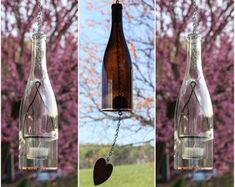 three pictures of a bottle with a heart hanging from it