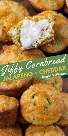 there are some muffins with cream on top and the title above it reads jiffy cornbread jalapeno + cheddar