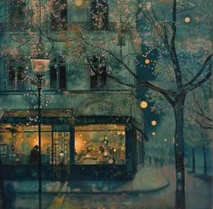 a painting of people walking down the street in front of a store with lights on