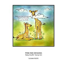 a card with two giraffes on it and the words pink ink designs