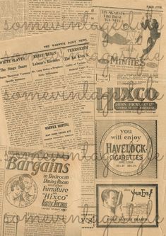 an old newspaper with advertisements on it and some other papers in the backround