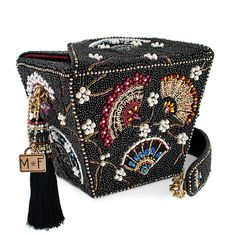 Fanfare Handbag - Top Handle Traditional Beaded Evening Shoulder Bag, Luxury Beaded Square Bags, Luxury Square Beaded Bags, Designer Beaded Rectangular Bag, Traditional Handheld Beaded Shoulder Bag, Bohemian Embellished Rectangular Evening Bag, Black Rectangular Shoulder Bag For Festivals, Traditional Beaded Handheld Shoulder Bag, Traditional Rectangular Shoulder Bag For Party