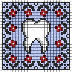 a cross stitch pattern with a tooth in the middle and red flowers around it on a blue background