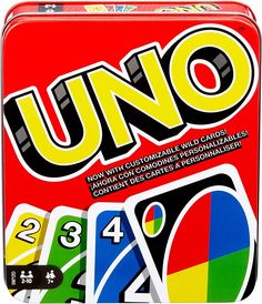 uno card game in a tin with four different decks and numbers on the front side