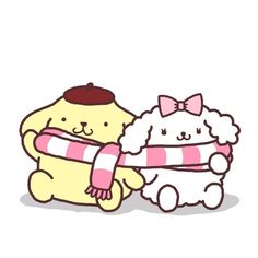 two cartoon animals hugging each other with one holding the other's arm and wearing scarves