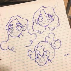 three cartoon faces drawn on lined paper