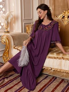 Contrast Color Loose Women's Sleep Dress Pajama Dress With Embroidered Lace Round Neckline Long Dress Purple Gorgeous-Vintage  Short Sleeve Woven Fabric Plain,Plants Nightgowns Non-Stretch All Women Sleep & Lounge, size features are:Bust: ,Length: ,Sleeve Length: