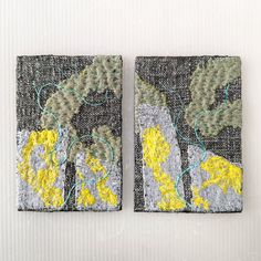 two pieces of fabric with yellow and grey flowers on them, one is made out of yarn