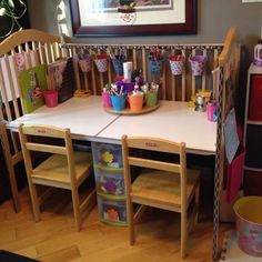 a baby crib with toys on it in a room