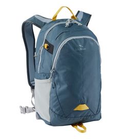 a blue backpack with yellow accents on the front