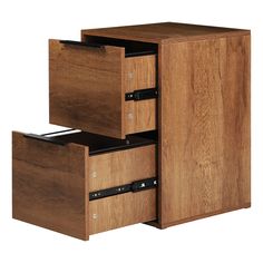 two wooden drawers with one open and the other closed