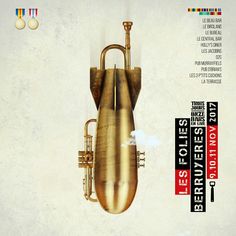 an advertisement for the berlin international brass festival, with a trumpet in it's mouth