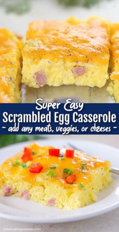 an egg casserole with ham and vegetables on it