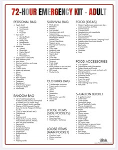 the emergency kit list is shown in red and white, with instructions for each item