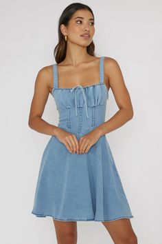 Sweet Pea Tied Bust Mini Dress Denim Blue Meg Moroney, Tan Mules, Denim Dresses, Zach Bryan, Dress Denim, Jean Dress, Black Party Dresses, Iron Material, Head Over Heels