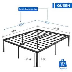 queen size metal bed frame with measurements for the top and bottom part, including height