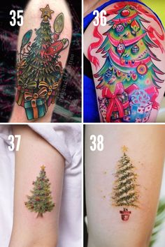 four different tattoos with christmas trees on them