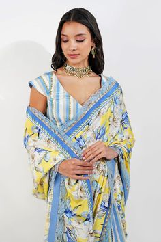 Lemon saree with vintage floral, stripe print. Comes with unstitched blouse piece. - Aza Fashions Floral Print Saree, Floral Print Sarees, Vintage Floral Print, Printed Sarees, Floral Stripe, Striped Fabrics, Blouse Piece, Aza Fashion, Stripe Print