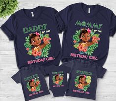 two matching shirts with the name and number for each child's first birthday girl