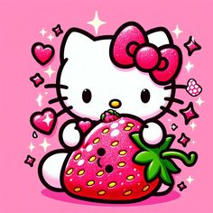 a hello kitty holding a strawberry on a pink background