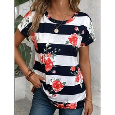 Season:Summer; Fabric:Cotton Blend; Sleeve Length:Short Sleeve; Gender:Women's; Style:Fashion,Vintage; Elasticity:Micro-elastic; Tops Type:Summer Tops; Occasion:Weekend,Daily; Top Length:Regular; Neckline:Crew Neck; Brand:Shall We; Listing Date:04/13/2024 Womens Tops Summer, Black Shorts, Summer Tops, Tshirts Online, Shirt Online, Summer Women, Womens Shirts, Cotton Blend, Sleeve Length