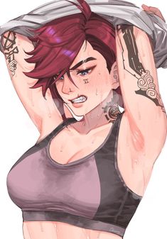 a drawing of a woman with red hair and tattoos on her arm, holding a baseball bat over her head