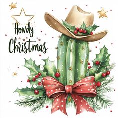 a watercolor painting of a cactus wearing a cowboy hat with holly and red bow