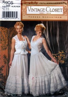 two women in white dresses standing next to each other on the cover of a sewing pattern