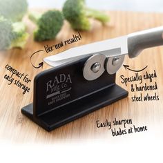 a knife sharpener with instructions on how to cut broccoli in it's blades