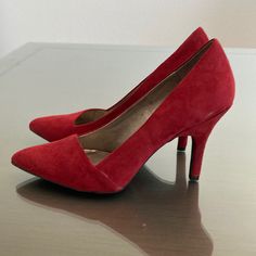 Women’s Red Size 6.5 Suede Shoes. Shoes Are New But Inside Have Some Scratches. Red Suede Heels With Almond Toe, Red Suede Pointed Toe Heels, Red Suede Low Heel Shoes, Red Suede Low Heel Heels, Red Suede Low Heels, Red Suede High Heels, Red Suede, Suede Shoes, Lady In Red