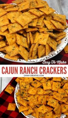 two plates filled with cajun ranch crackers on top of a checkered table cloth